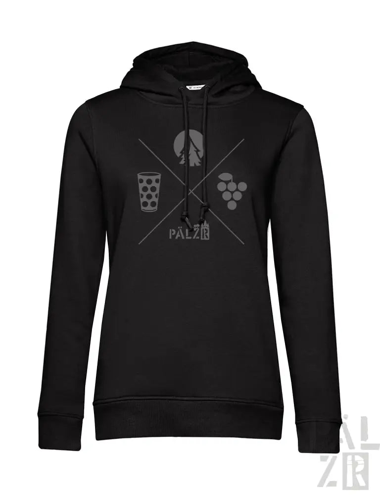 Schwarzer Hoodie mit weinbezogenem Design und Kapuze, mit einer Grafik von Trauben und einem Glas.