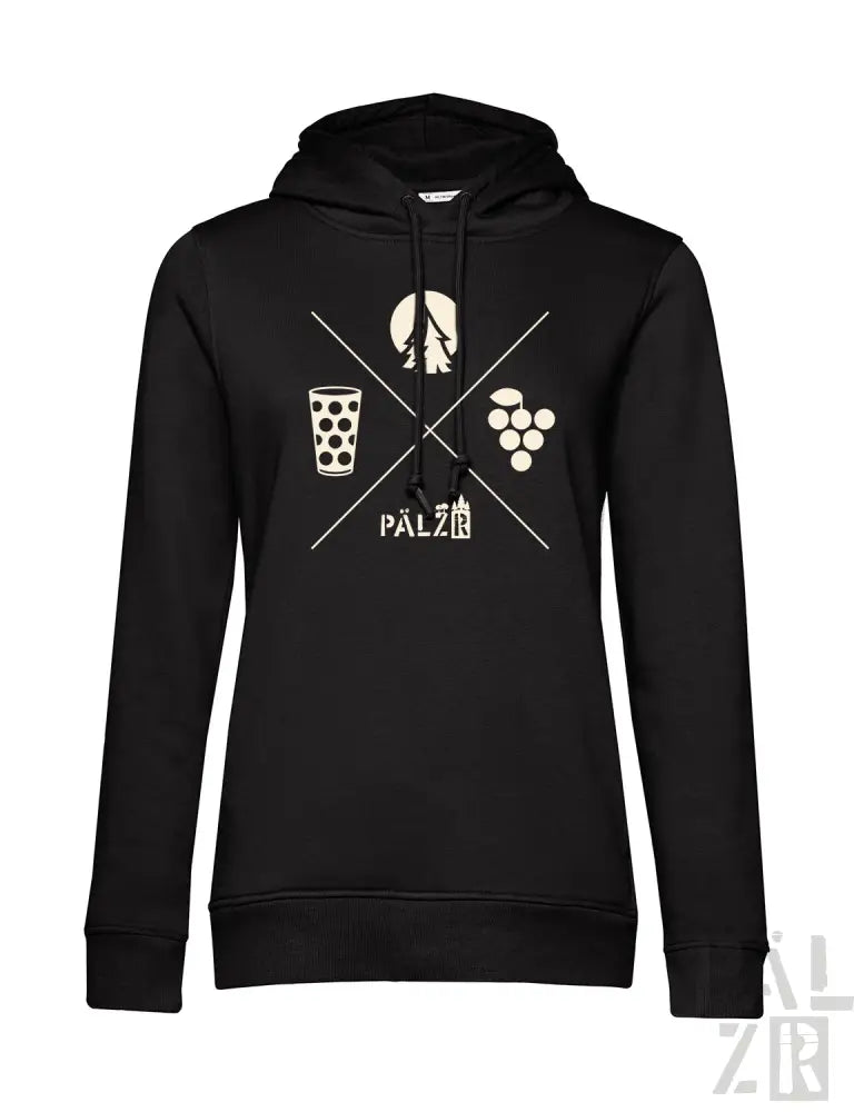 Schwarzes Hoodie mit weißem Wein-Themen-Design und ’palz’-Logo.