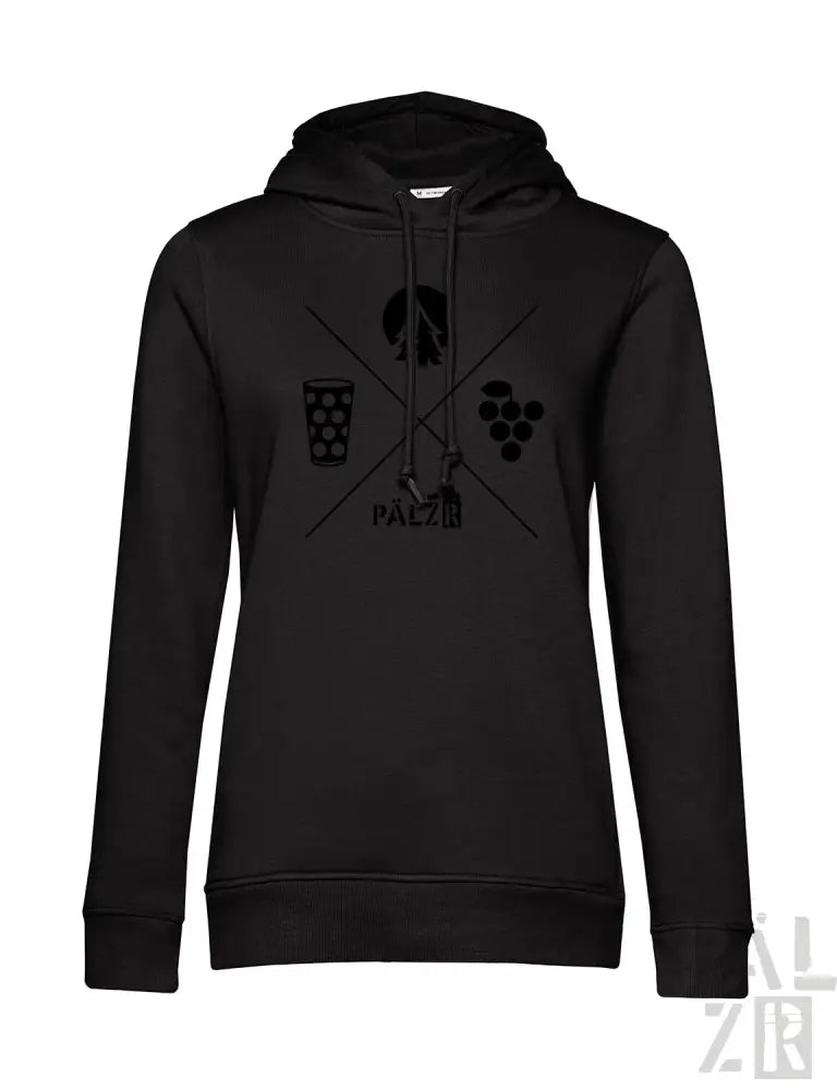 Schwarzer Hoodie mit Bierglas- und Trauben-Design, Material: Hooded Sweatshirt.