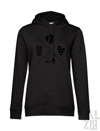 Schwarzer Hoodie mit Bierglas- und Trauben-Design, Material: Hooded Sweatshirt.
