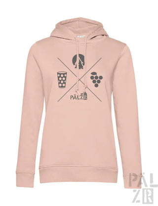 Hellrosa Hoodie mit weingethematischem Grafikdesign, das ein Glas Rotwein, Trauben und das Wort ’palz’ in Schwarz zeigt.