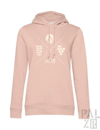 Hellrosa Hoodie mit Grafikdesign, das weinbezogene Symbole und Text ’palz8r’ auf der Vorderseite zeigt.