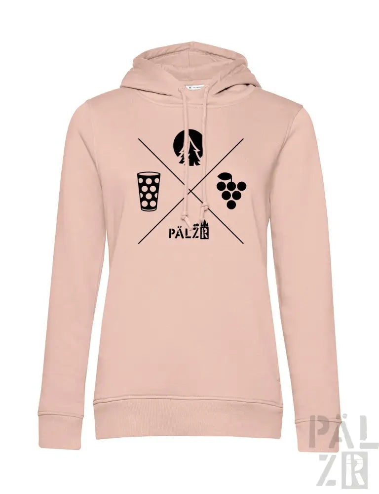 Hellrosa Hoodie mit schwarzem Grafikdesign, das weinbezogene Symbole und das Wort ’palz’ in einer stilisierten Schrift enthält.