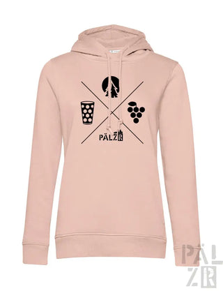 Hellrosa Hoodie mit schwarzem Grafikdesign, das weinbezogene Symbole und das Wort ’palz’ in einer stilisierten Schrift enthält.