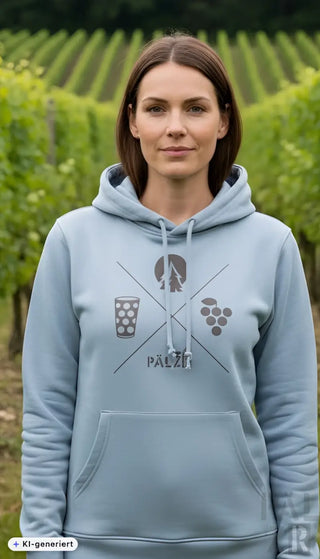 Damen hoodie in hellblau mit grauem wald und woi motiv aus trauben glas baum und palz schriftzug