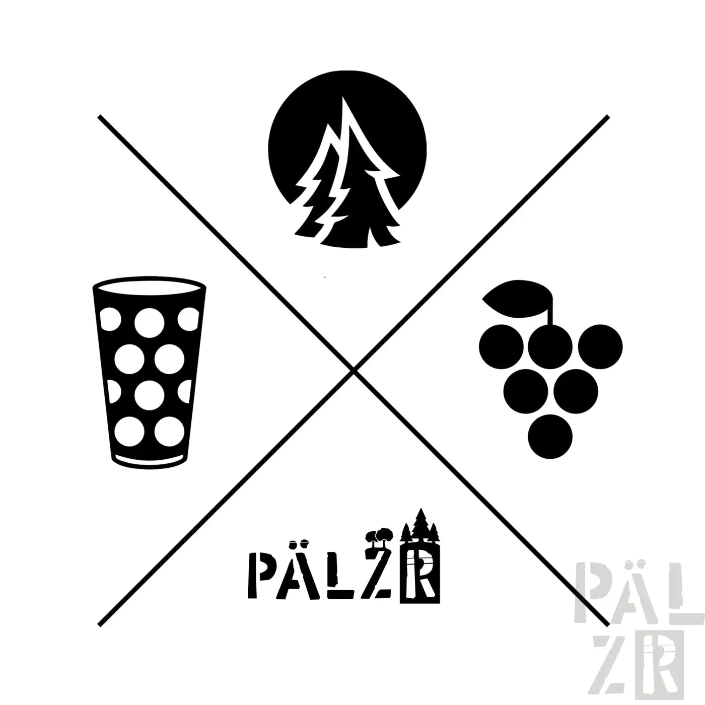 Schwarzes stilisiertes logo mit baum, glas, punkten und trauben in x-anordnung über palazz mit pinien auf frauen hoodie wald und woi