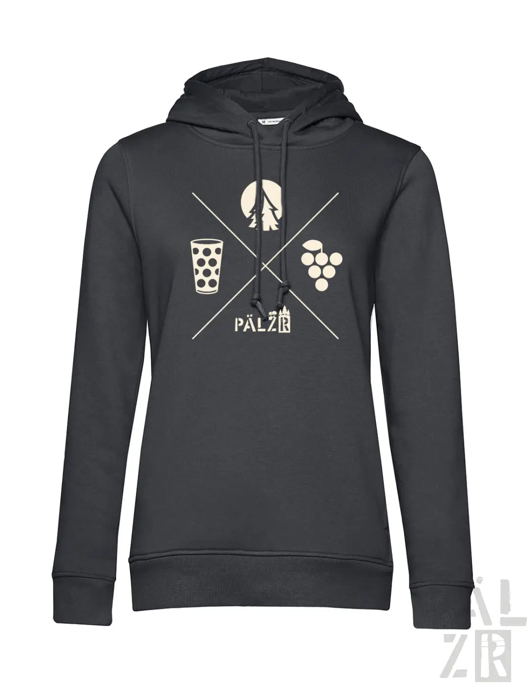 Schwarzer frauen hoodie mit cremefarbenem wald und woi grafikdesign mit glas trauben baum und mond palz logo