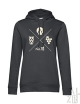 Schwarzer frauen hoodie mit cremefarbenem wald und woi grafikdesign mit glas trauben baum und mond palz logo