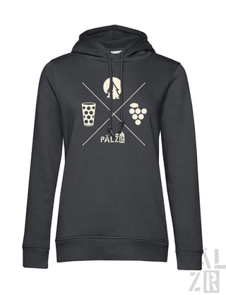 Schwarzer frauen hoodie mit cremefarbenem wald und woi grafikdesign mit glas trauben baum und mond palz logo