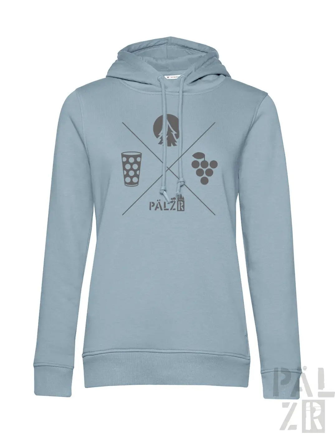 Frauen hoodie aus baumwolle in hellblau mit grauem wald und woi grafik und palz schriftzug
