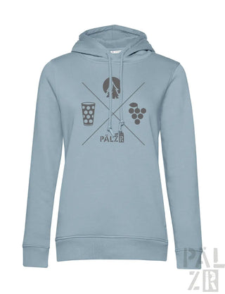 Frauen hoodie aus baumwolle in hellblau mit grauem wald und woi grafik und palz schriftzug