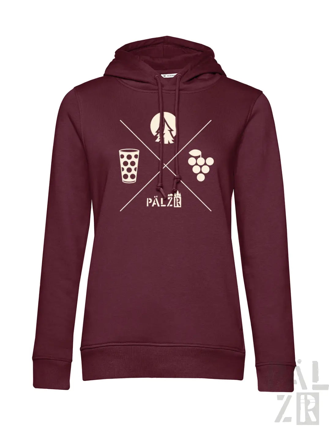 Frauen hoodie wald und woi in bordeaux mit weißem grafikdesign kreuzlinien glas bier trauben und palz schriftzug