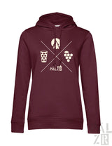 Frauen hoodie wald und woi in bordeaux mit weißem grafikdesign kreuzlinien glas bier trauben und palz schriftzug