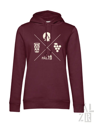 Frauen hoodie wald und woi in bordeaux mit weißem grafikdesign kreuzlinien glas bier trauben und palz schriftzug