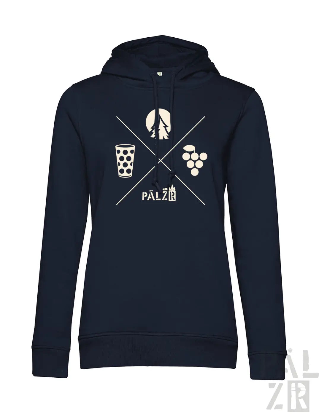 Frauen hoodie in navy blau mit weißem grafikdesign glas trauben baum mond diagonallinien und schriftzug pälzer