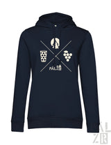 Frauen hoodie in navy blau mit weißem grafikdesign glas trauben baum mond diagonallinien und schriftzug pälzer
