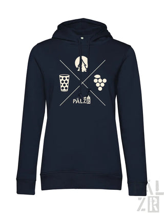 Frauen hoodie in navy blau mit weißem grafikdesign glas trauben baum mond diagonallinien und schriftzug pälzer
