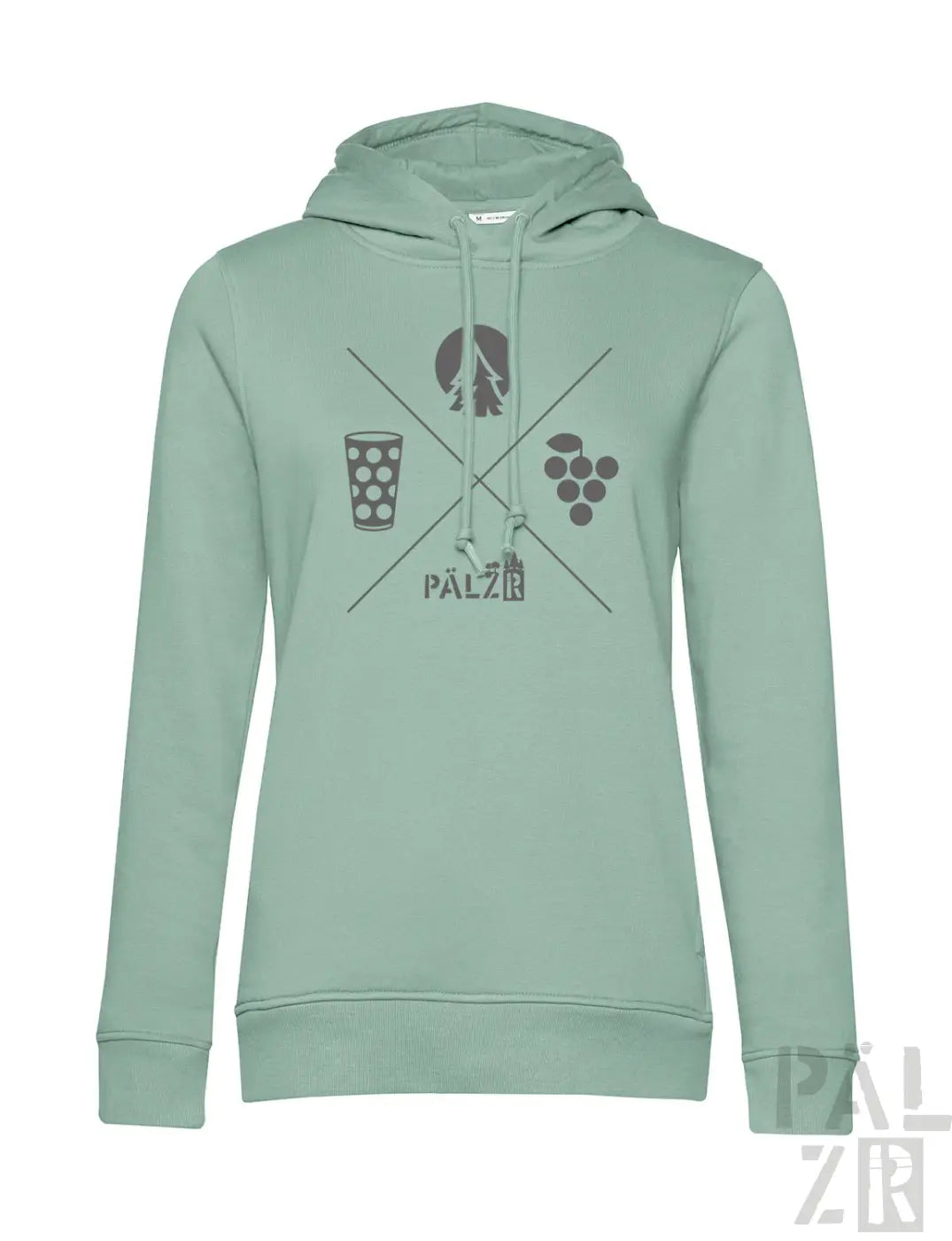 Frauen hoodie in sanftem minzgrün mit grauem camping und wein grafikdesign und palz schriftzug