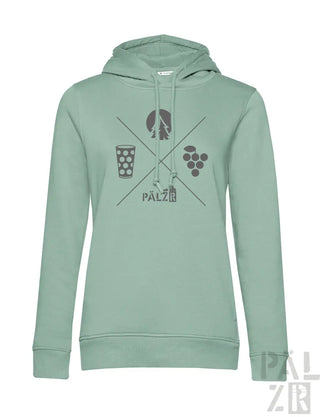 Frauen hoodie in sanftem minzgrün mit grauem camping und wein grafikdesign und palz schriftzug