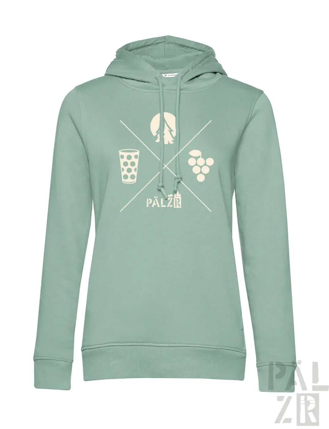 Frauen hoodie in minzgrün mit weißem wald und woi motiv aus baum, wein und trauben in verschiedenen farben
