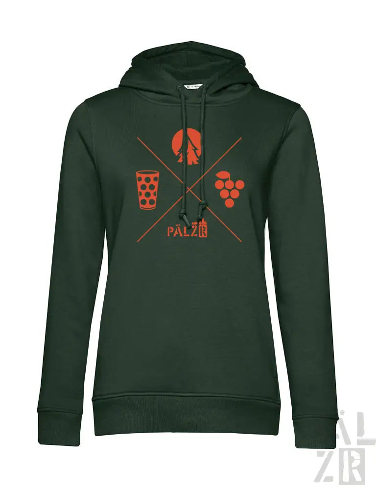 Dunkelgrüner Hoodie mit orange- und weißem Design, das Trauben, ein Weinglas und das Wort ’palzi’ darauf zeigt.