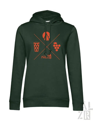 Dunkelgrüner Hoodie mit orange- und weißem Design, das Trauben, ein Weinglas und das Wort ’palzi’ darauf zeigt.