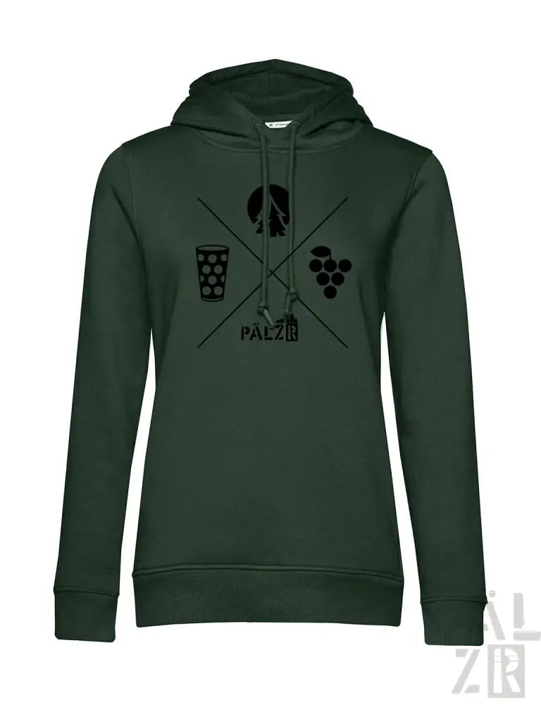 Dunkelgrüner Hoodie mit Grafikdesign, das die Silhouette einer Person, Trauben und den Text „palzi“ in Schwarz auf der Vorderseite zeigt.