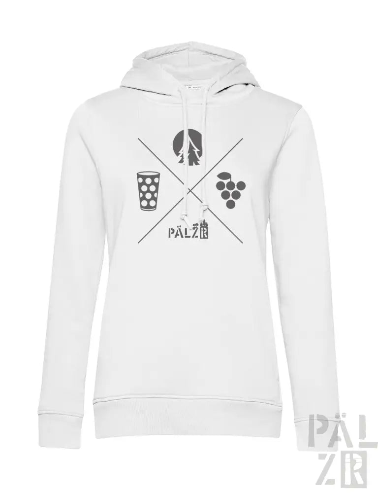 Weißes Hoodie mit schwarzem weinbezogenem Grafikdesign, das ein Glas, Trauben und das Wort ’palz’ zeigt, das auf den Ärmeln wiederholt wird.