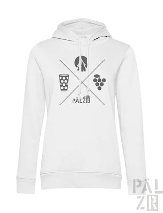 Weißes Hoodie mit schwarzem weinbezogenem Grafikdesign, das ein Glas, Trauben und das Wort ’palz’ zeigt, das auf den Ärmeln wiederholt wird.