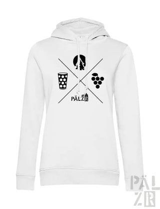 Weißes Hoodie mit schwarzem Grafikdesign, das ein Bierglas, Trauben und das Logo ’pälzö’ zeigt