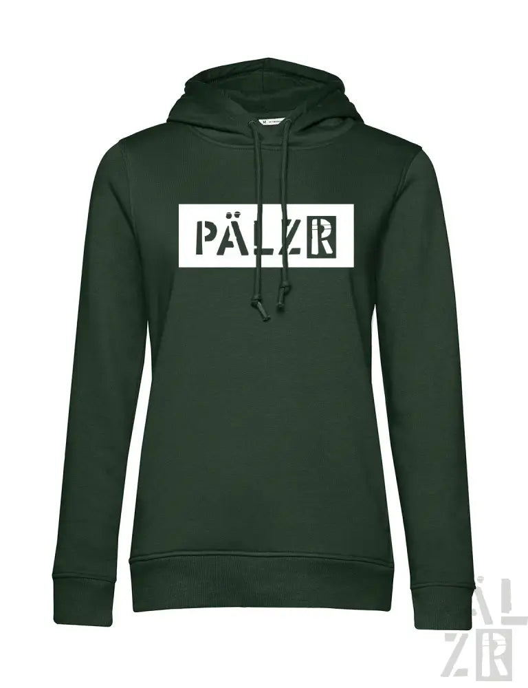 Grüner Hoodie mit ’pälzr’-Logo im weißen Box-Design.