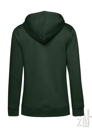 Dunkelgrüner Hoodie mit Kapuze und langen Ärmeln, wahrscheinlich aus Baumwolle oder Polyester-Mischung gefertigt.