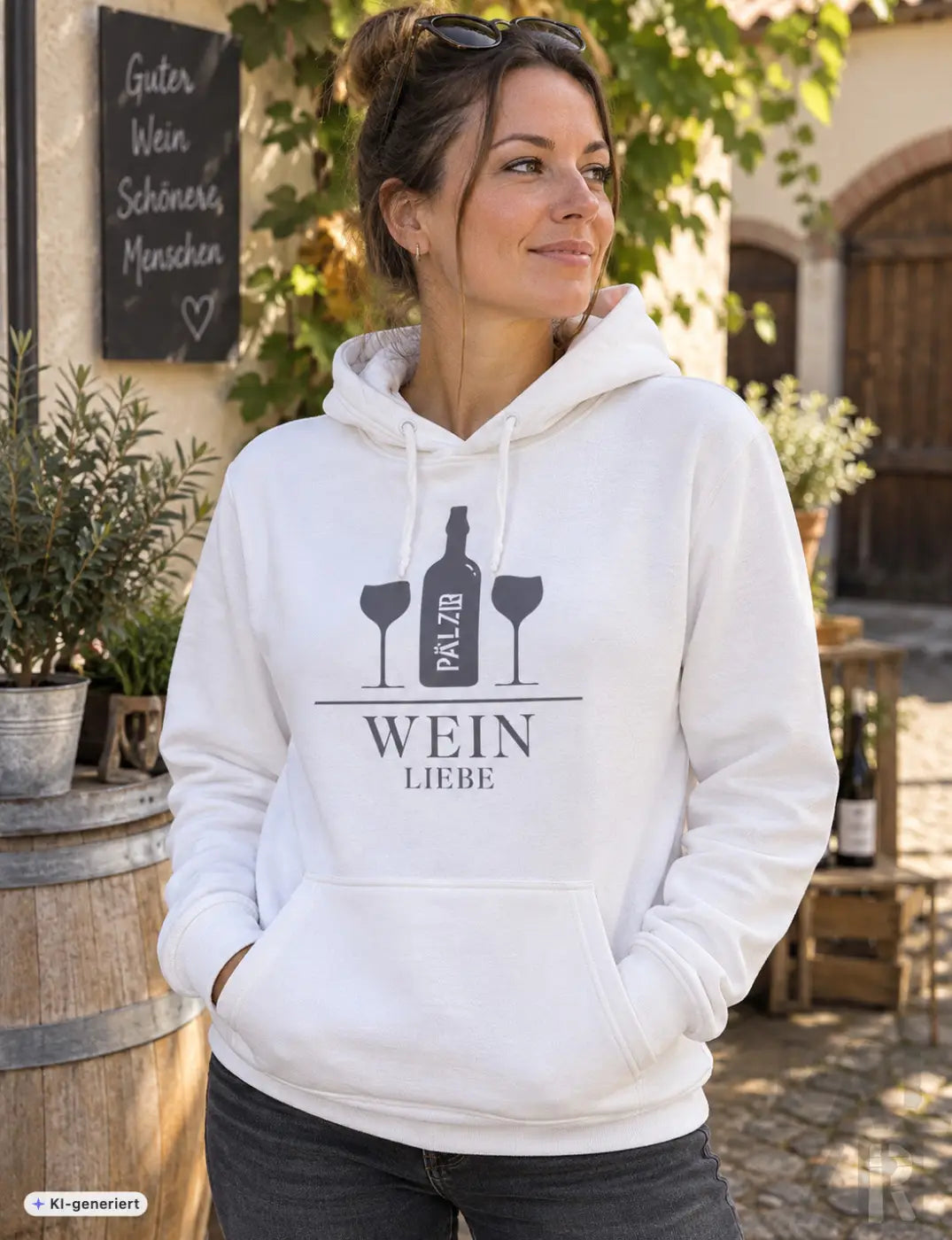 Weißes frauen hoodie mit schwarzem weinflaschen und gläser grafik und text wein liebe in verschiedenen farben