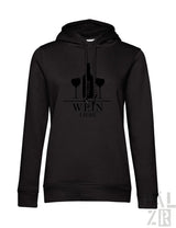 Schwarzer frauen hoodie mit weinflaschen und gläsern grafik und text wein liebe in verschiedenen farben