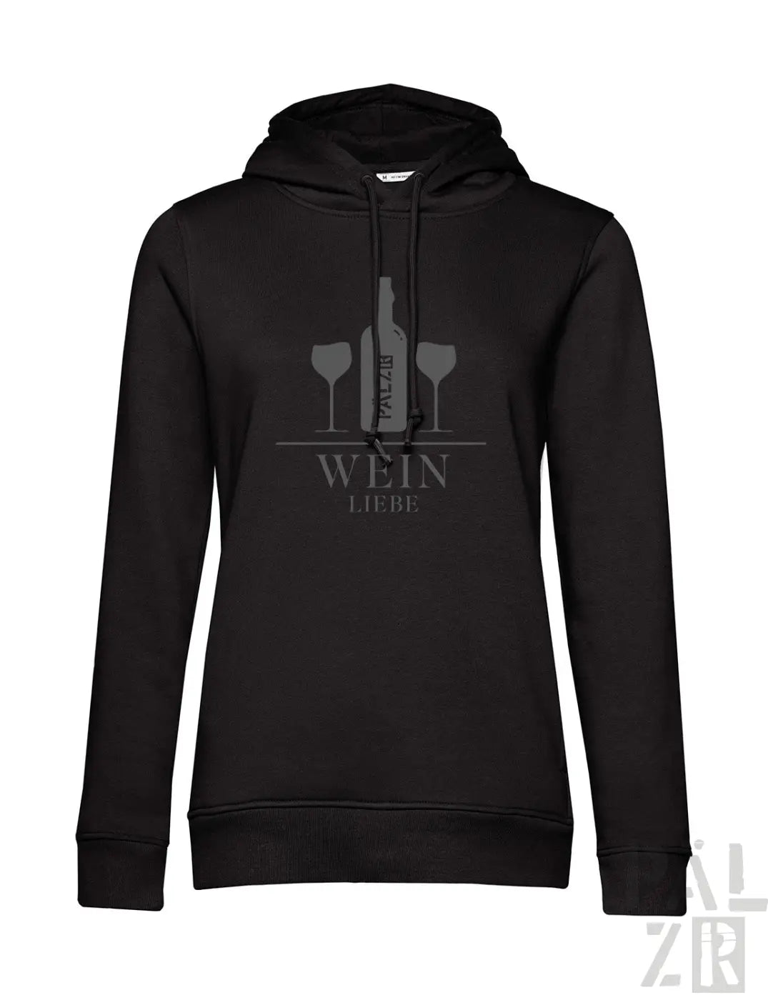 Frauen hoodie in schwarz mit grauem weinflaschendesign und text wein liebe verschiedene farben
