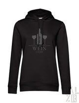 Frauen hoodie in schwarz mit grauem weinflaschendesign und text wein liebe verschiedene farben