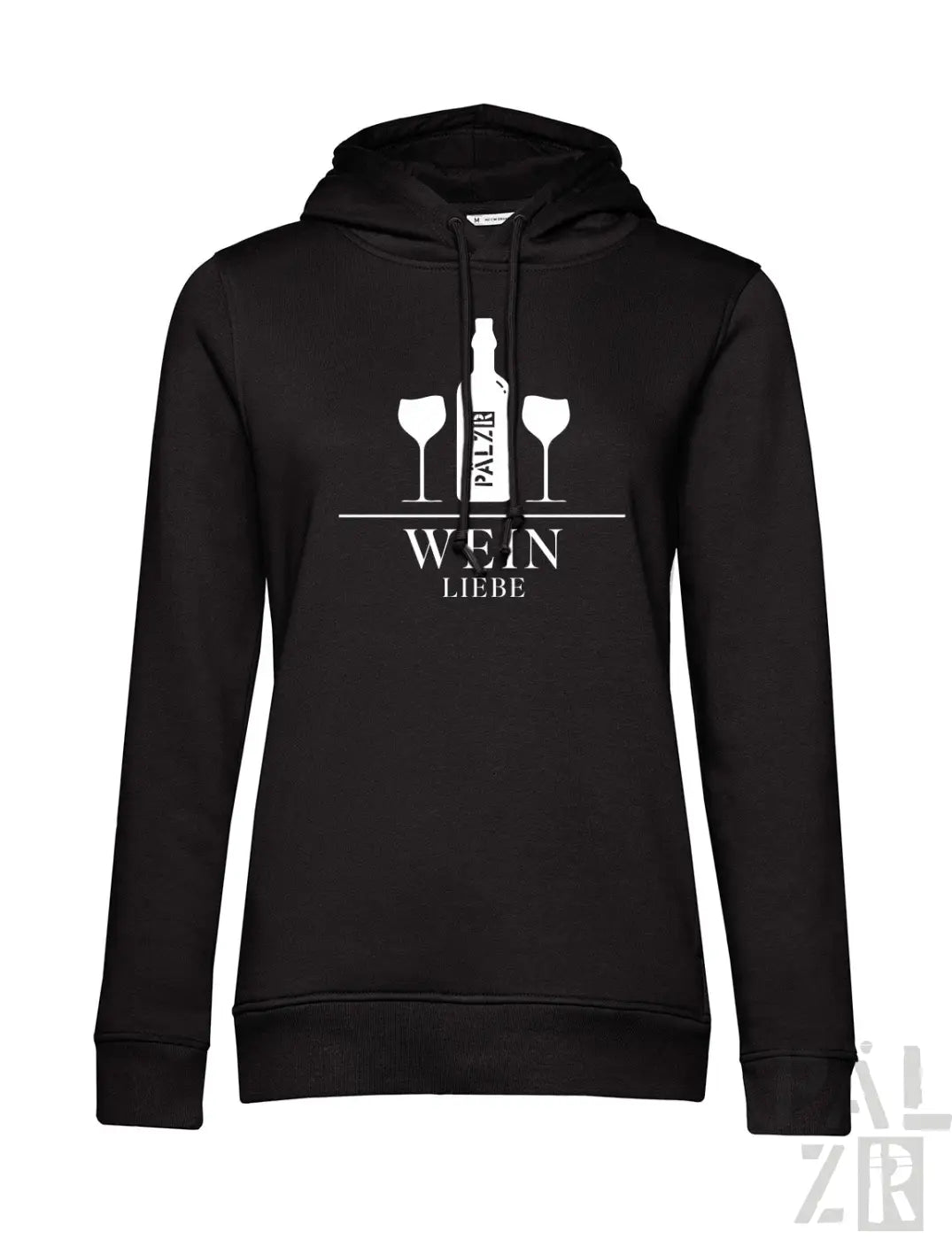 Schwarzer frauen hoodie mit weißem weinflaschen und gläser grafik und wein liebe schriftzug aus verschiedenen farben