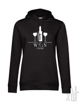 Schwarzer frauen hoodie mit weißem weinflaschen und gläser grafik und wein liebe schriftzug aus verschiedenen farben