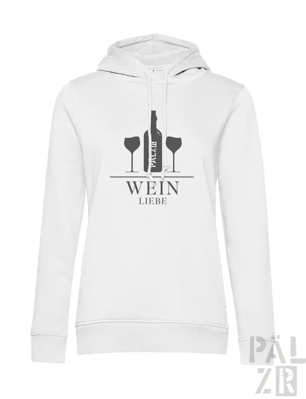 Weißer frauen hoodie mit schwarzem weinflaschendesign und zwei gläsern weinliebe text darunter in verschiedenen farben