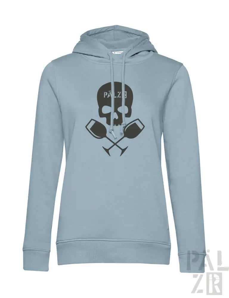 Lichtblauer frauen hoodie mit schwarzem schädel und gekreuzten weingläsern grafik und pälzb text
