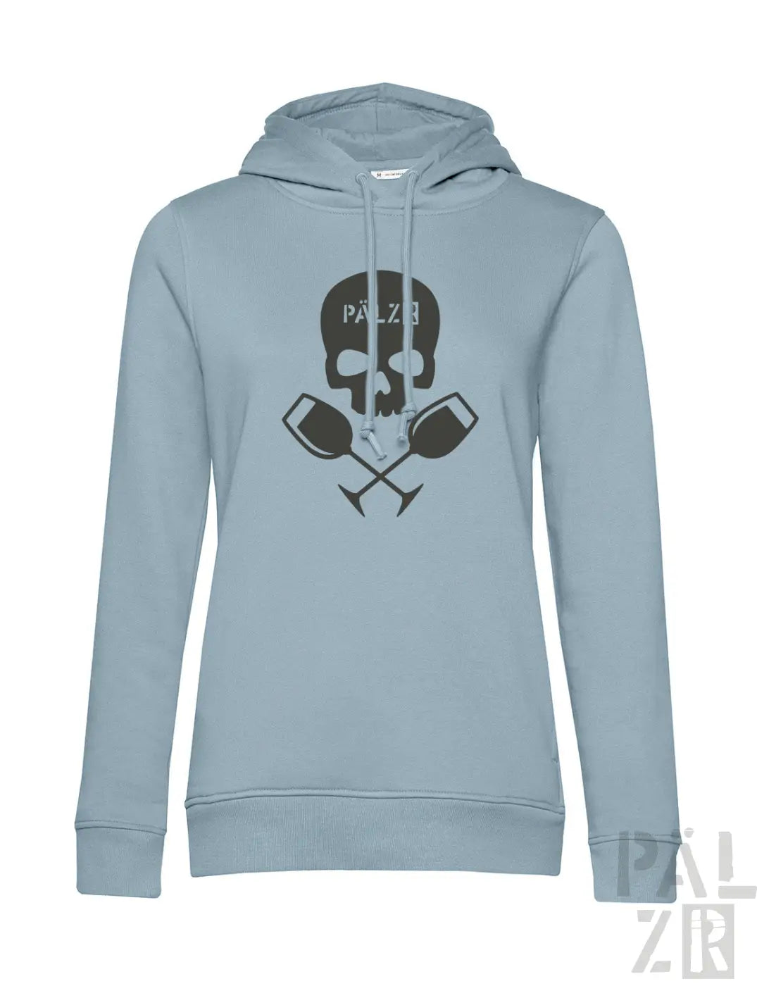Lichtblauer frauen hoodie mit schwarzem schädel und gekreuzten weingläsern grafik und pälzb text