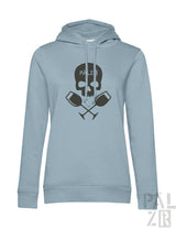 Lichtblauer frauen hoodie mit schwarzem schädel und gekreuzten weingläsern grafik und pälzb text