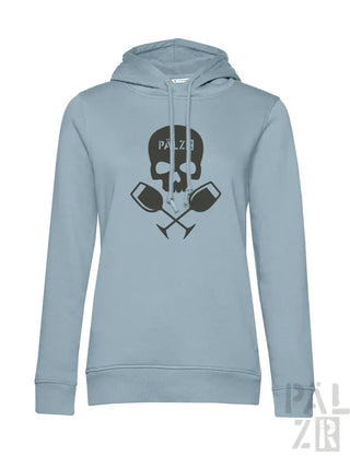 Lichtblauer frauen hoodie mit schwarzem schädel und gekreuzten weingläsern grafik und pälzb text