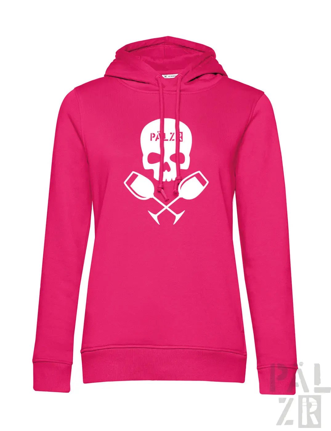 Eine pinke frauen hoodie mit weißem totenkopf und gekreuzten weingläsern grafik und pälzb schriftzug