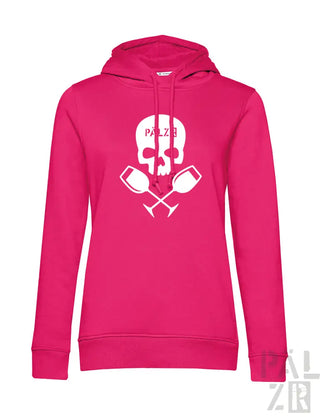 Eine pinke frauen hoodie mit weißem totenkopf und gekreuzten weingläsern grafik und pälzb schriftzug