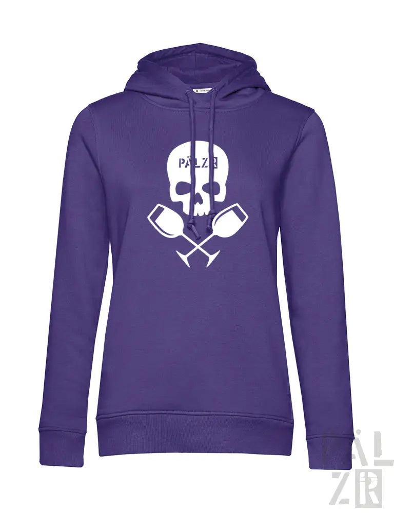 Frauen hoodie in lila mit weißem totenschädel und gekreuzten weingläsern samt schriftzug pälzb für weinliebhaber