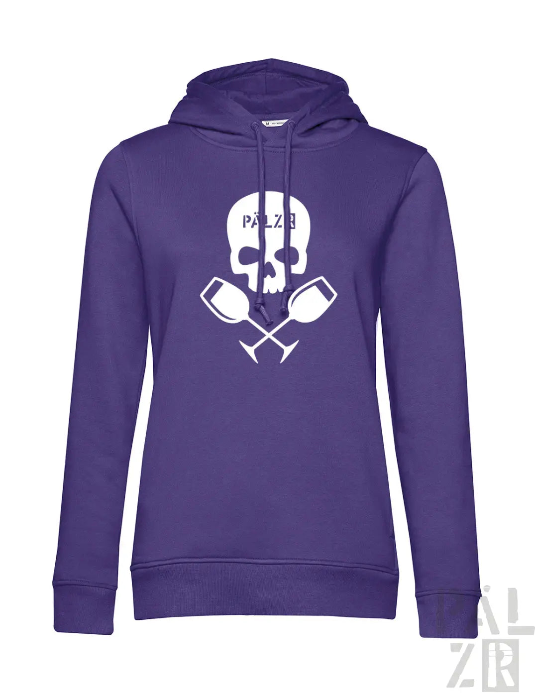 Frauen hoodie in lila mit weißem totenschädel und gekreuzten weingläsern samt schriftzug pälzb für weinliebhaber
