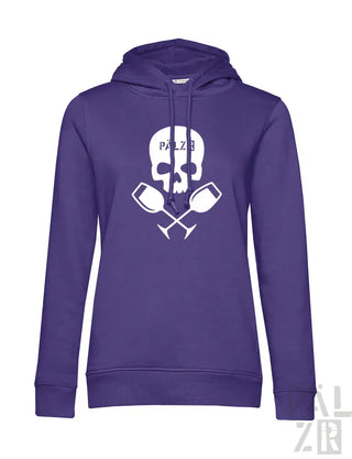 Frauen hoodie in lila mit weißem totenschädel und gekreuzten weingläsern samt schriftzug pälzb für weinliebhaber