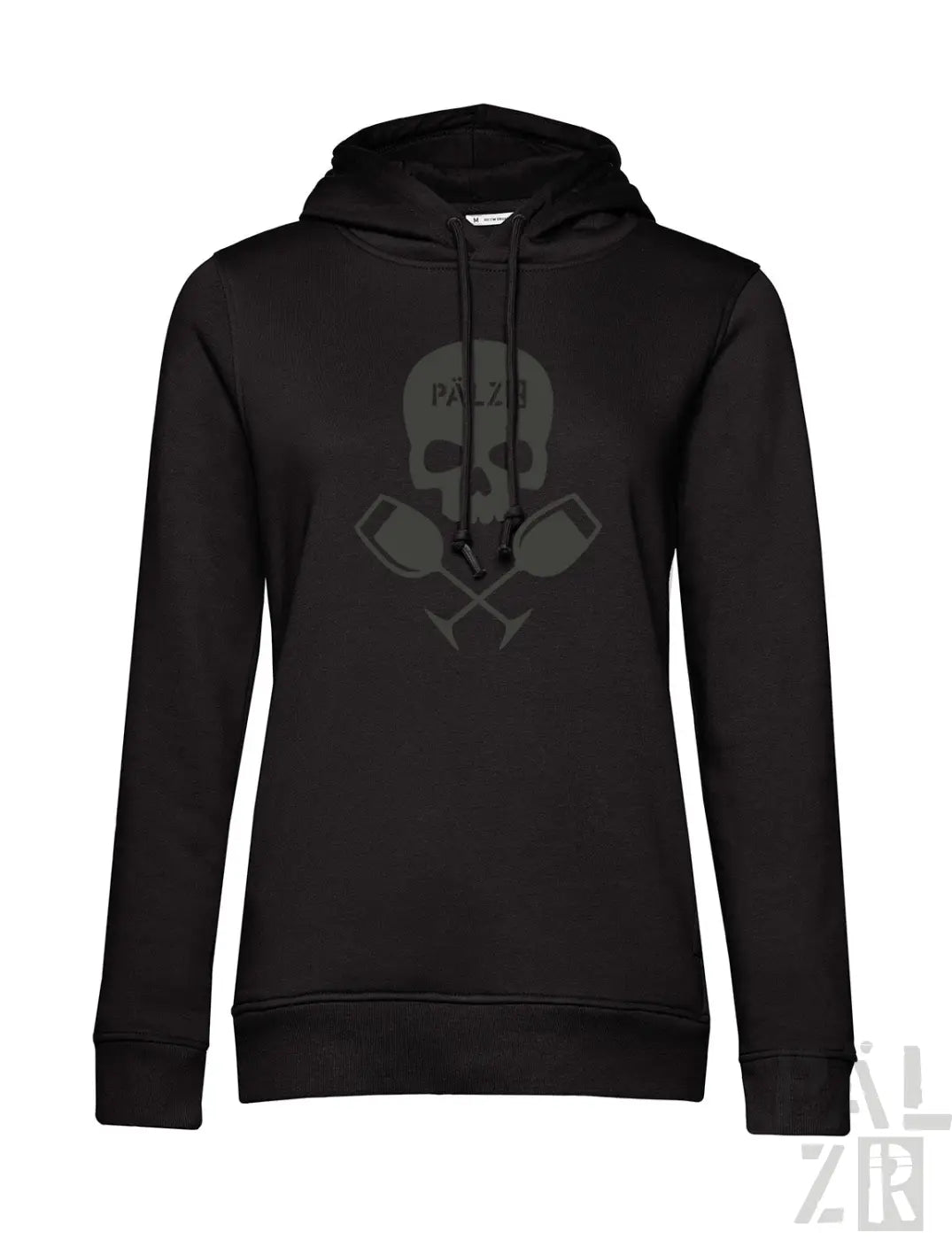 Schwarzer frauen hoodie von weinpirat mit dunkelgrauem schädel und gekreuzten rudern und text på zib