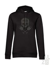 Schwarzer frauen hoodie von weinpirat mit dunkelgrauem schädel und gekreuzten rudern und text på zib